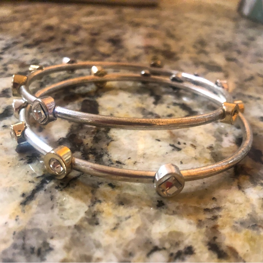 Pair of Rhinestone Station Silver and  Gold Tone Bangle Bracelets